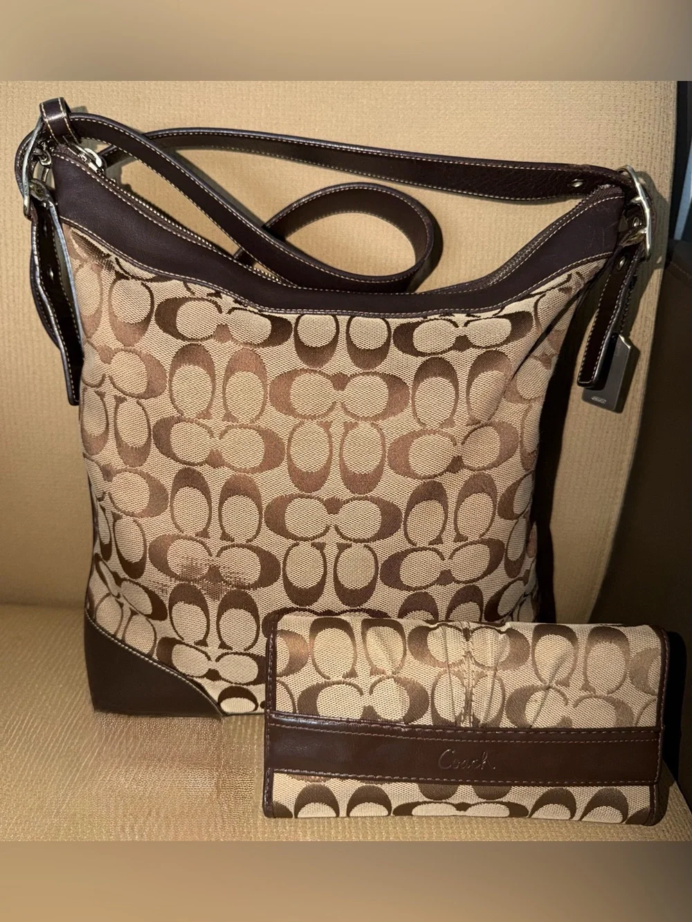 Coach Signature Canvas Crossbody Bag and Wallet in Tan and Brown